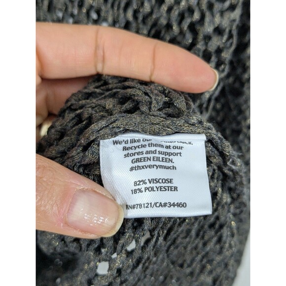 EILEEN FISHER Sweater Metallic Italian Yarn V-Neck Pullover Black Gold Holiday L - Picture 7 of 9